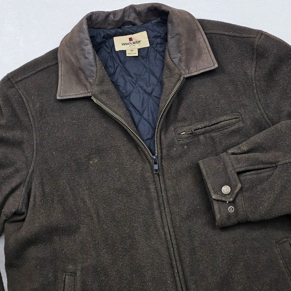 Woolrich Field Jacket Mens XL Brown Wool Blend Leather Rugged Cabincore Hunting